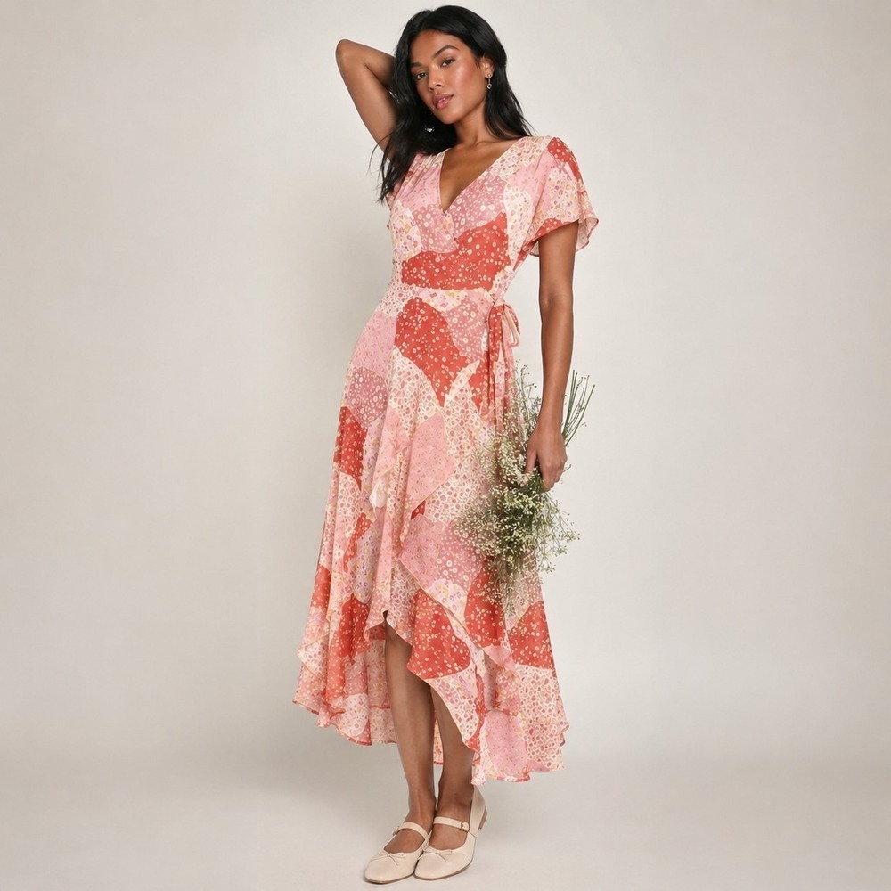 Peasant Cottagecore Patchwork Layered Pink Sz M Fairy Maxi Wrap Dress Floral